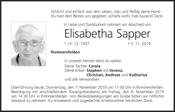 Anzeige von Elisabetha Sapper von MGO