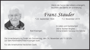 Anzeige von Franz Stauder von MGO
