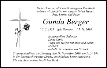 Anzeige von Gunda Berger von MGO