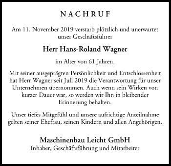 Anzeige von Hans-Roland Wagner von MGO