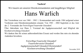 Anzeige von Hans Warlich von MGO
