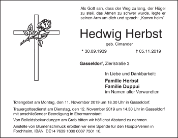 Anzeige von Hedwig Herbstdwig von MGO