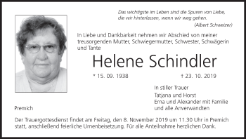 Anzeige von Helene Schindler von MGO