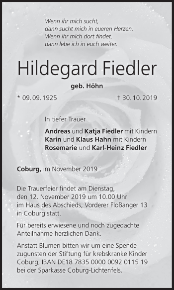 Anzeige von Hildegard Fiedler von MGO