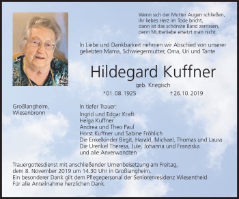 Anzeige von Hildegard Kuffner von MGO