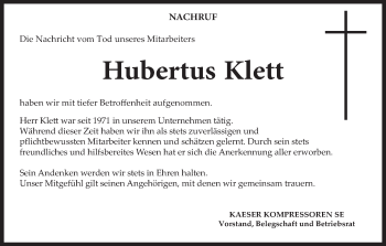 Anzeige von Hubertus Klett von MGO