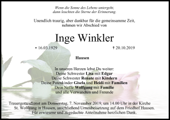 Anzeige von Inge Winkler von MGO