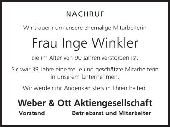 Anzeige von Inge Winkler von MGO