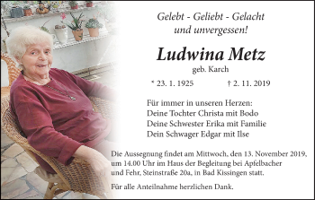 Anzeige von Ludwina Metz von MGO