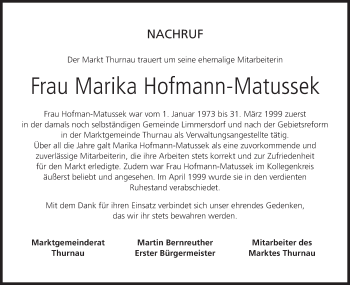 Anzeige von Marika Hofmann-Matussek von MGO