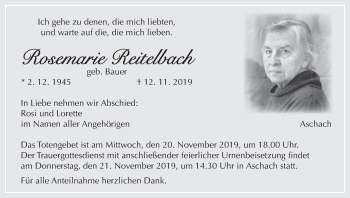 Anzeige von Rosemarie Reitelbach von MGO