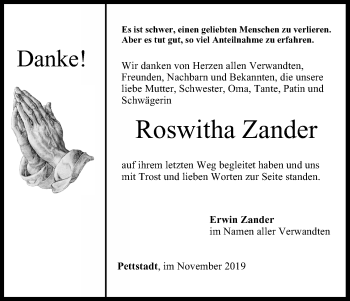 Anzeige von Roswitha Zander von MGO