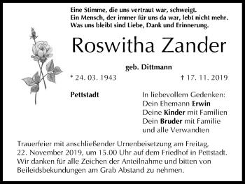 Anzeige von Roswitha Zander von MGO