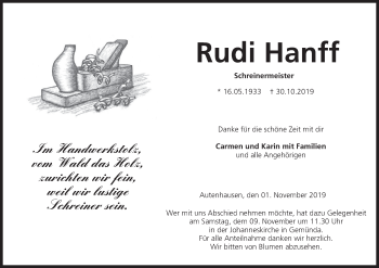 Anzeige von Rudi Hanff von MGO
