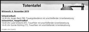 Anzeige von Totentafel vom 06.11.2019 von MGO