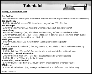 Anzeige von Totentafel vom 08.11.2019 von MGO