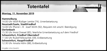 Anzeige von Totentafel vom 11.11.2019 von MGO