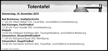 Anzeige von Totentafel vom 14.11.2019 von MGO