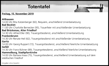 Anzeige von Totentafel vom 15.11.2019 von MGO
