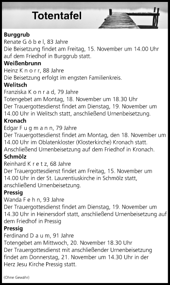 Anzeige von Totentafel vom 15.11.2019 von MGO