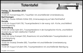 Anzeige von Totentafel vom 22.11.2019 von MGO