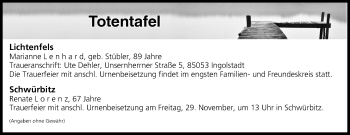 Anzeige von Totentafel vom 28.11.2019 von MGO