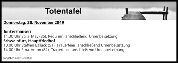 Anzeige von Totentafel vom 28.11.2019 von MGO