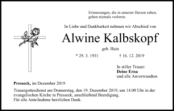 Anzeige von Alwine Kalbskopf von MGO