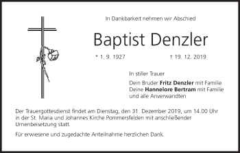 Anzeige von Baptist Denzler von MGO