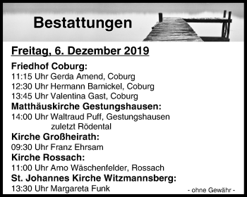 Anzeige von Bestattungen vom 06.12.2019 von MGO
