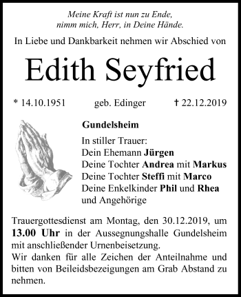 Anzeige von Edith Seyfried von MGO