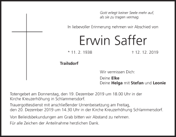 Anzeige von Erwin Saffer von MGO