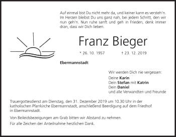Anzeige von Franz Bieger von MGO