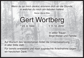 Anzeige von Gert Wortberg von MGO