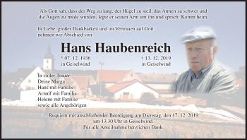 Anzeige von Hans Haubenreich von MGO
