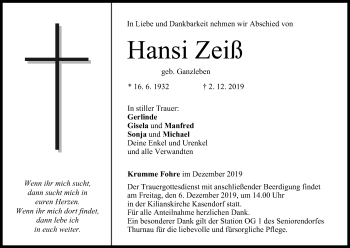 Anzeige von Hansi Zeiß von MGO