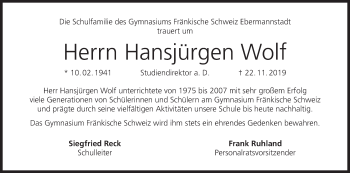 Anzeige von Hansjürgen Wolf von MGO
