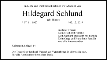 Anzeige von Hildegard Schlund von MGO