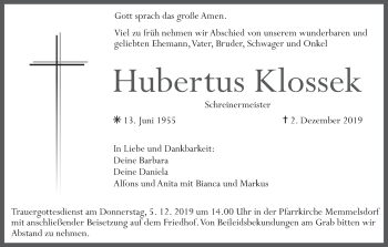 Anzeige von Hubertus Klossek von MGO