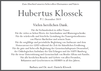 Anzeige von Hubertus Klossek von MGO