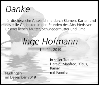 Anzeige von Inge Hofmann von MGO