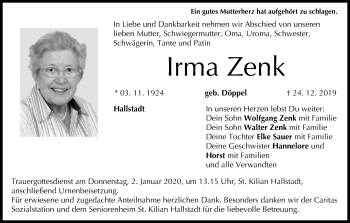 Anzeige von Irma Zenk von MGO