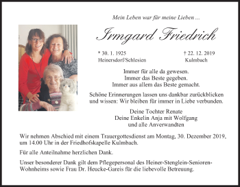 Anzeige von Irmgard Friedrich von MGO