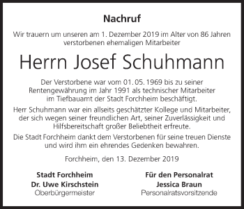 Anzeige von Josef Schuhmann von MGO