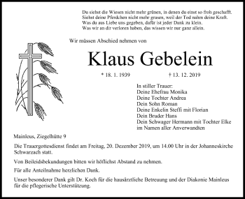 Anzeige von Klaus Gebelein von MGO