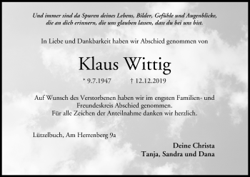 Anzeige von Klaus Wittig von MGO