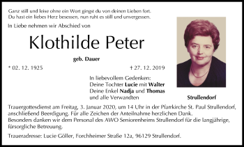 Anzeige von Klothilde Peter von MGO