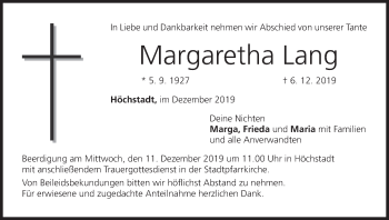 Anzeige von Margaretha Lang von MGO