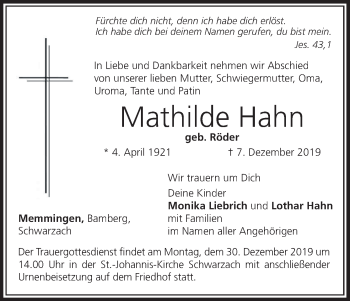 Anzeige von Mathilde Hahn von MGO