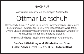 Anzeige von Ottmar Leitschuh von MGO